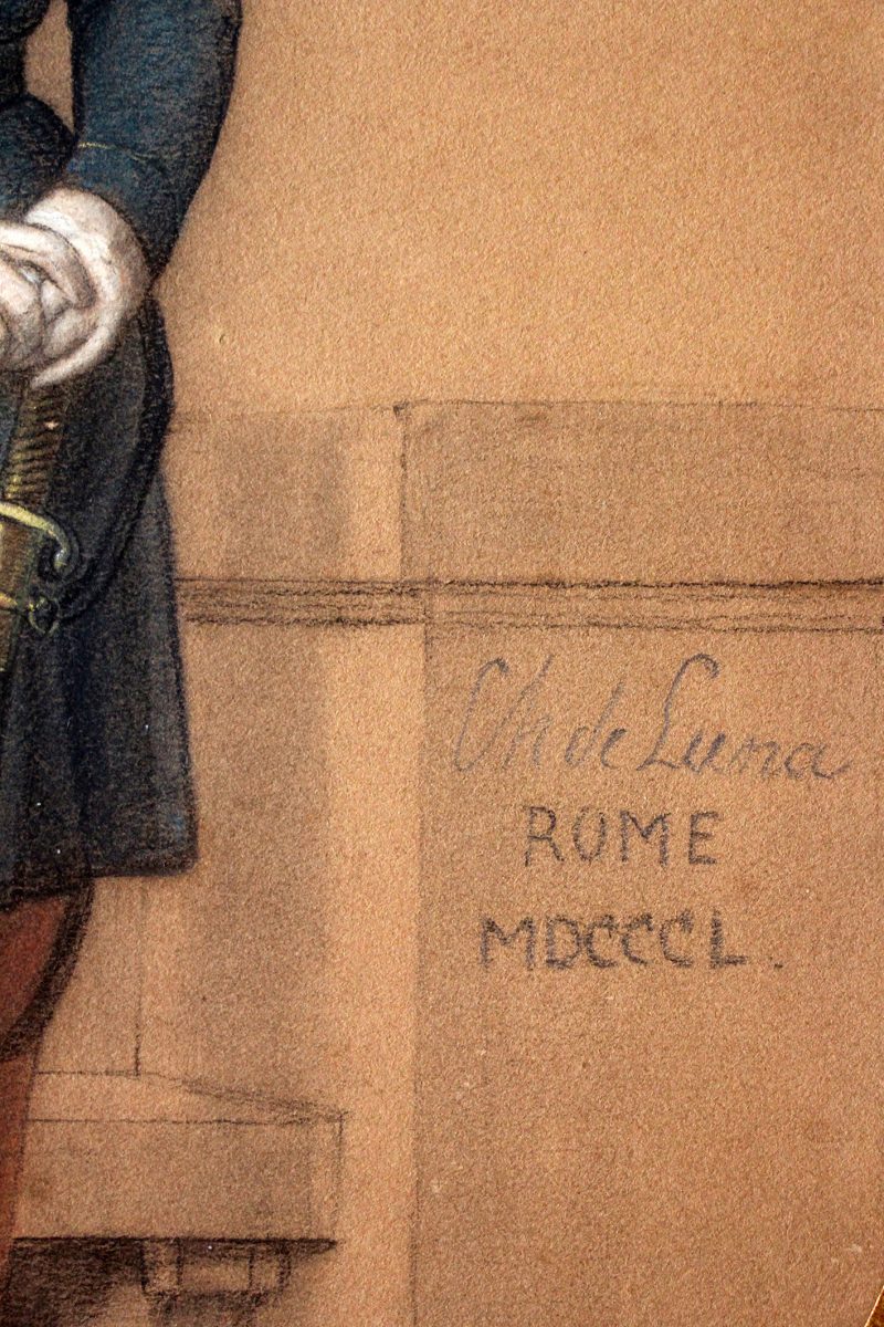 Dessin crayon pastel - Soldat Officier - 1850 - Second Empire - Uniforme - Aquarelle Originale - Charles de Luna - Rome - Siège de Rome - 1849