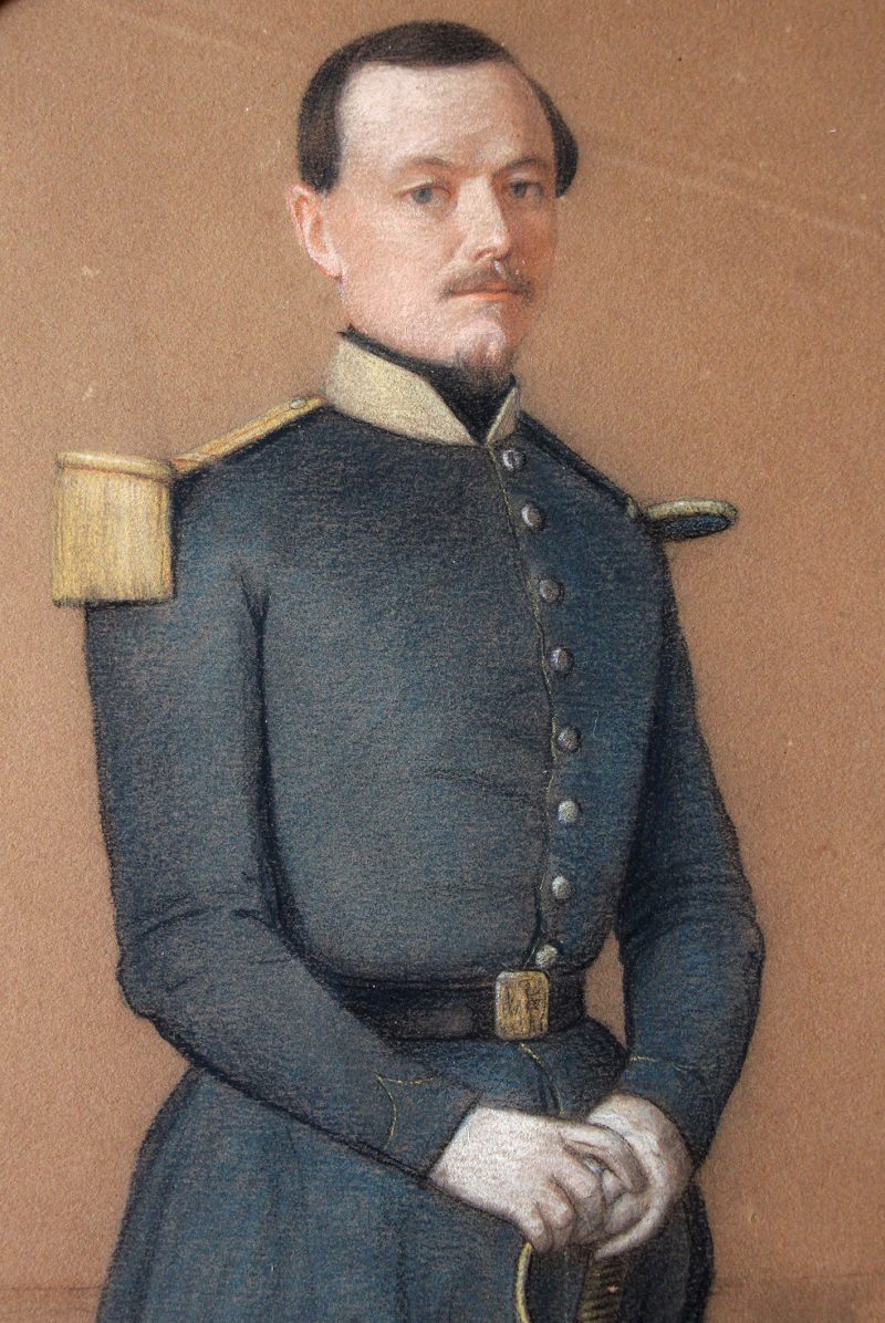 Dessin crayon pastel - Soldat Officier - 1850 - Second Empire - Uniforme - Aquarelle Originale - Charles de Luna - Rome - Siège de Rome - 1849