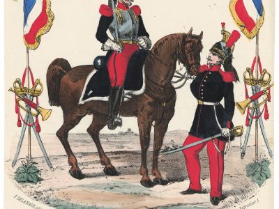 Papier à Lettre illustré - Cuirassiers à Cheval - Second Empire - Casque - Lithographie rehaussée - Napoléon III - Souvenir Militaire - Drapeau