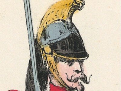 Papier à Lettre illustré - Cuirassiers à Cheval - Second Empire - Casque - Lithographie rehaussée - Napoléon III - Souvenir Militaire - Drapeau