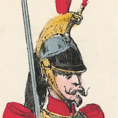 Papier à Lettre illustré - Cuirassiers à Cheval - Second Empire - Casque - Lithographie rehaussée - Napoléon III - Souvenir Militaire - Drapeau