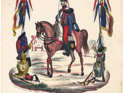 Papier à Lettre illustré - Hussards à Cheval - Second Empire - Sabre - Lithographie rehaussée - Napoléon III - Monarchie de Juillet - Souvenir Militaire - Drapeau