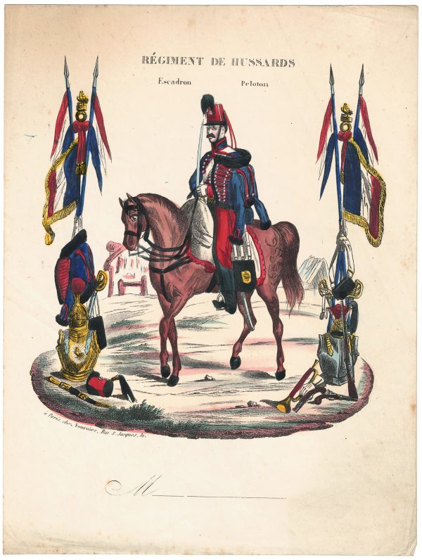 Papier à Lettre illustré - Hussards à Cheval - Second Empire - Sabre - Lithographie rehaussée - Napoléon III - Monarchie de Juillet - Souvenir Militaire - Drapeau