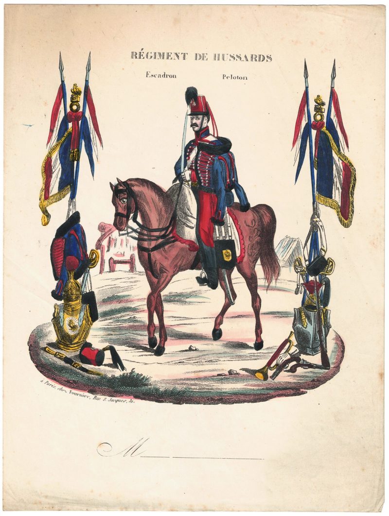 Papier à Lettre illustré - Hussards à Cheval - Second Empire - Sabre - Lithographie rehaussée - Napoléon III - Monarchie de Juillet - Souvenir Militaire - Drapeau