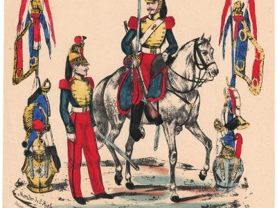 Papier à Lettre illustré -Dragons à Cheval - Second Empire - Casque - Lithographie rehaussée - Napoléon III - Souvenir Militaire - Drapeau