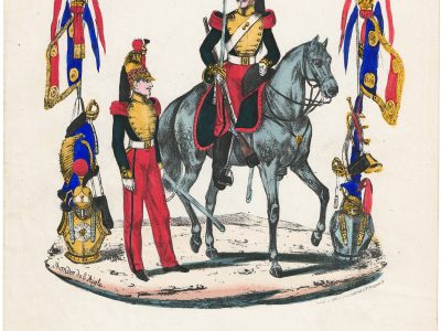 Papier à Lettre illustré -Dragons à Cheval - Second Empire - Casque - Lithographie rehaussée - Napoléon III - Souvenir Militaire - Drapeau