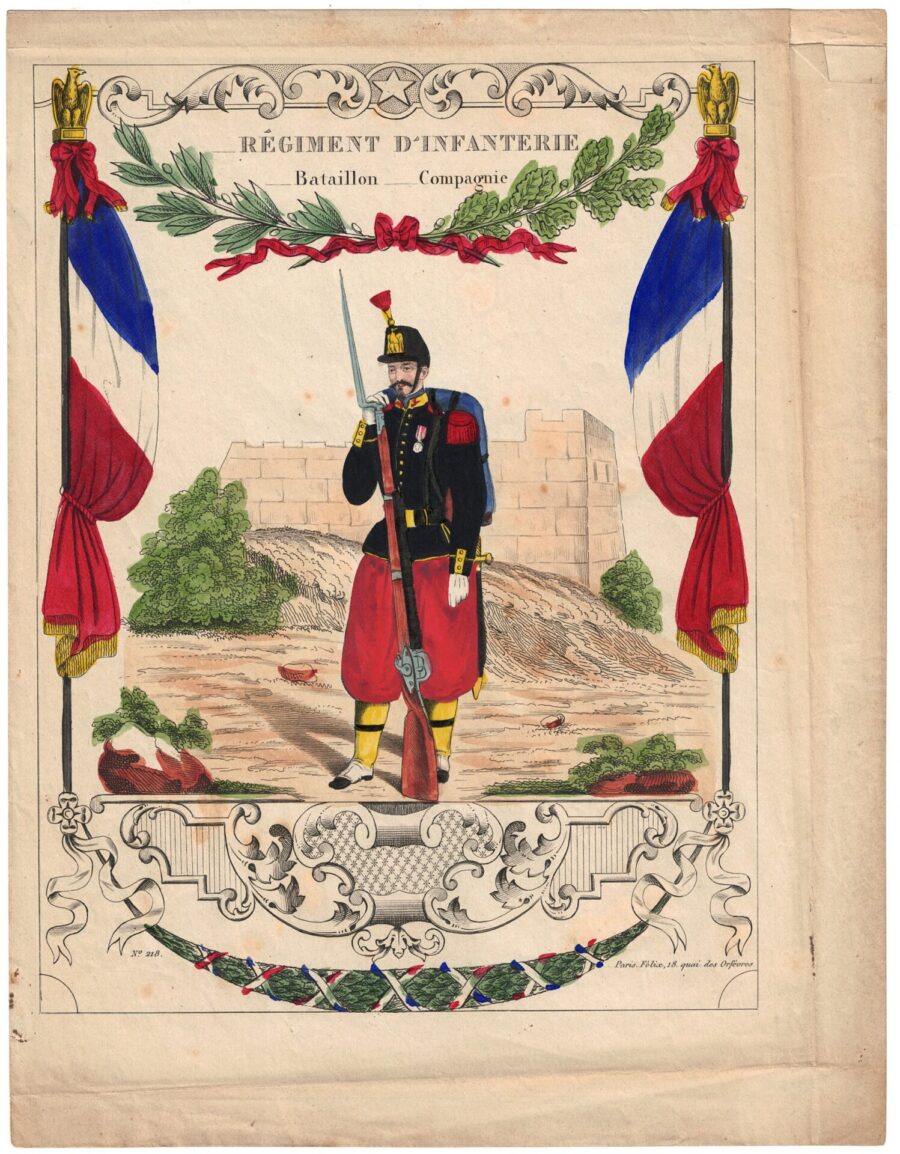 Papier à Lettre illustré – Infanterie – Second Empire – Imagerie Populaire – Uniforme – Armée Française – 1865 – Grenadier – Elite compagnie – Médaille
