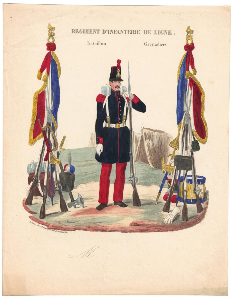 Papier à Lettre illustré – Régiment D&rsquo;infanterie De Ligne – Seconde République – Monarchie de Juillet  – Imagerie Populaire – Uniforme – Armée Française – Compagnie d&rsquo;élite – Grenadier