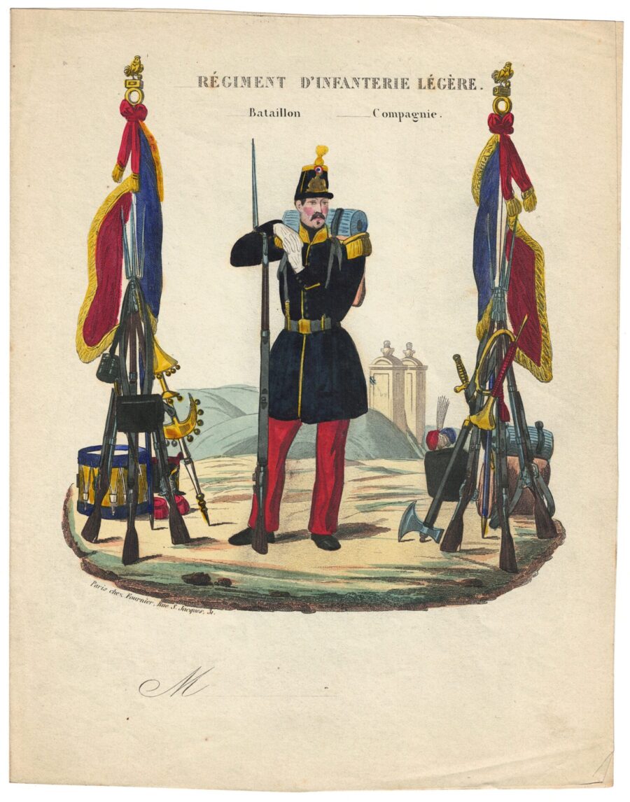 Papier à Lettre illustré – Régiment D&rsquo;infanterie Légère – Seconde République – Monarchie de Juillet  – Imagerie Populaire – Uniforme – Armée Française – Compagnie d&rsquo;élite