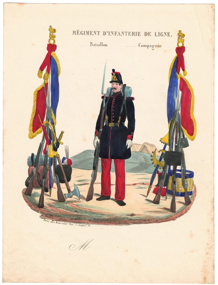 Papier à Lettre illustré – Régiment D&rsquo;infanterie- Seconde République – Monarchie de Juillet  – Imagerie Populaire – Uniforme – Armée Française – Compagnie du Centre – Campement