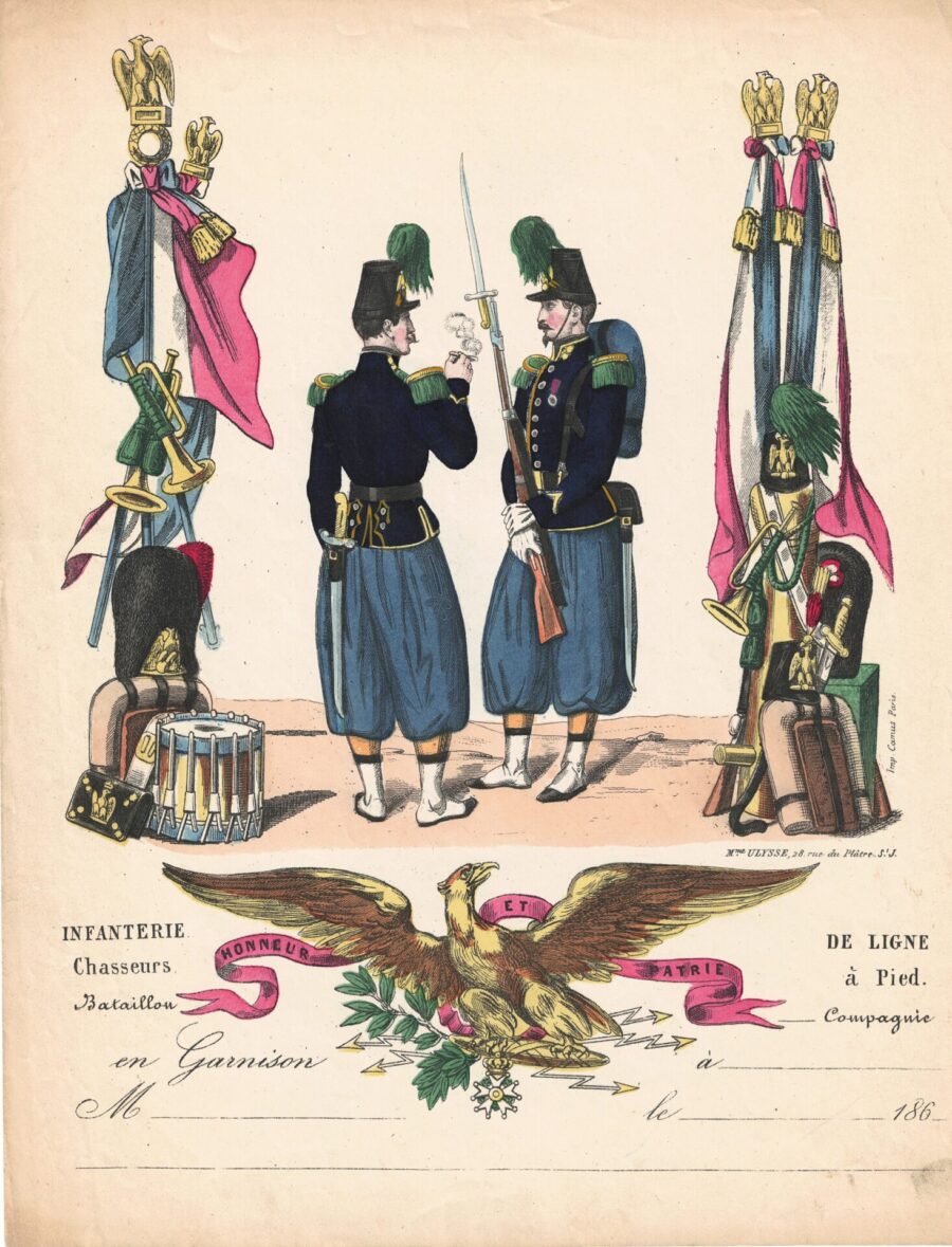 Papier à Lettre illustré -Chasseur à Pied – Second Empire – Imagerie Populaire – Uniforme – Armée Française – Ulysse Maison – Chassepot – 1865