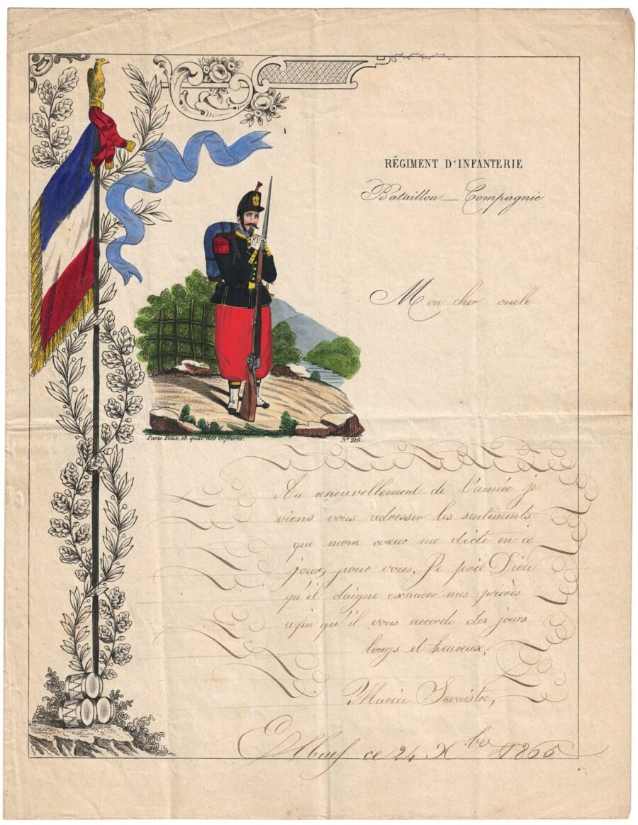 Papier à Lettre illustré – Infanterie – Second Empire – Imagerie Populaire – Uniforme – Armée Française – 1865 – Grenadier – Elite compagnie