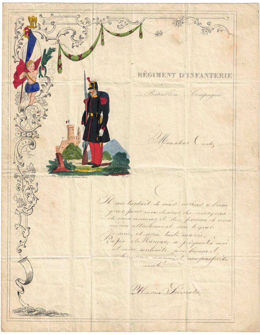 Papier à Lettre illustré – Infanterie – Monarchie de Juillet – Second Empire – Imagerie Populaire – Uniforme – Armée Française – 1848 – 1865