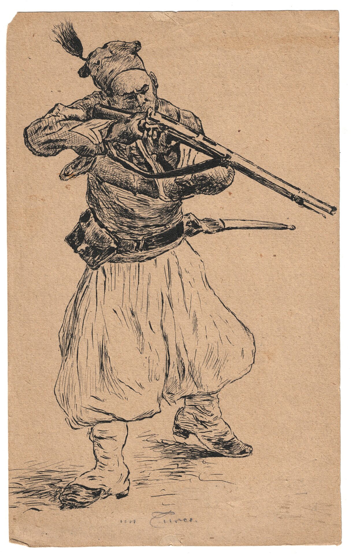 Dessin encre – Soldat- Second Empire -Turcos – Baïonnette -Chassepot – Campagne militaire – Guerre 1870 – Poilpot.