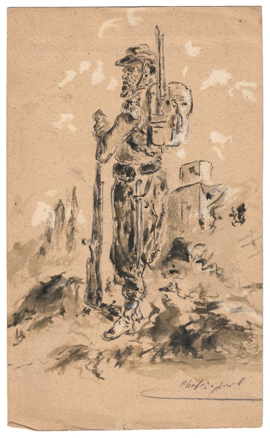 Dessin encre – Soldat- Second Empire – Infanterie – Baïonnette -Chassepot – Campagne militaire – Guerre 1870